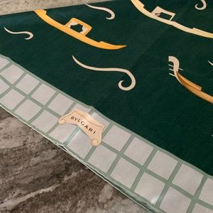 BVLGARI  Authentic Pure Silk green and gold 34 inch square scarf. New
